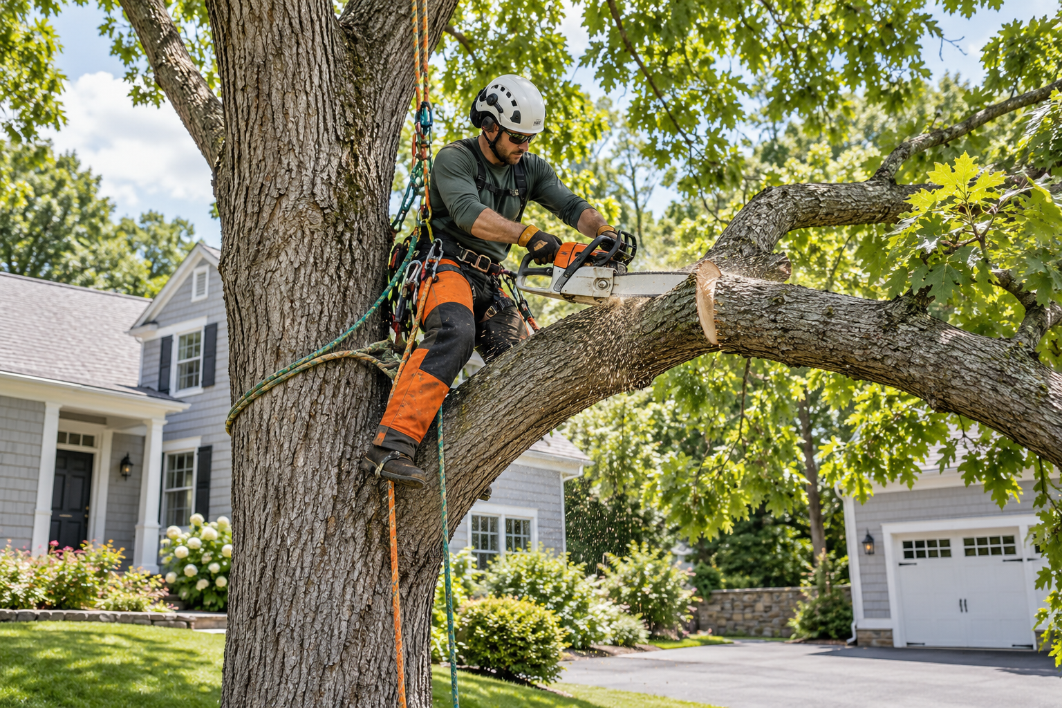 Professional arborist performing controlled tree removal and pruning near a Massachusetts home